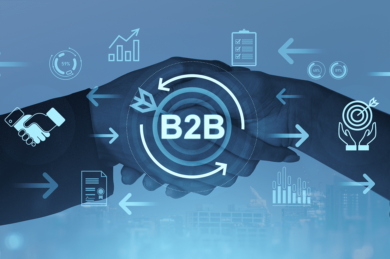 B2B handshake with business icons