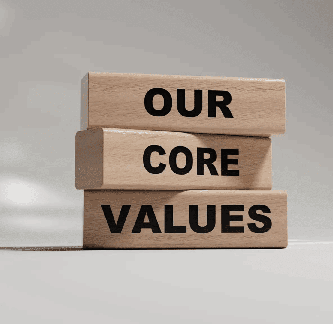 Wooden blocks stacked with the words 'Our Core Values'.